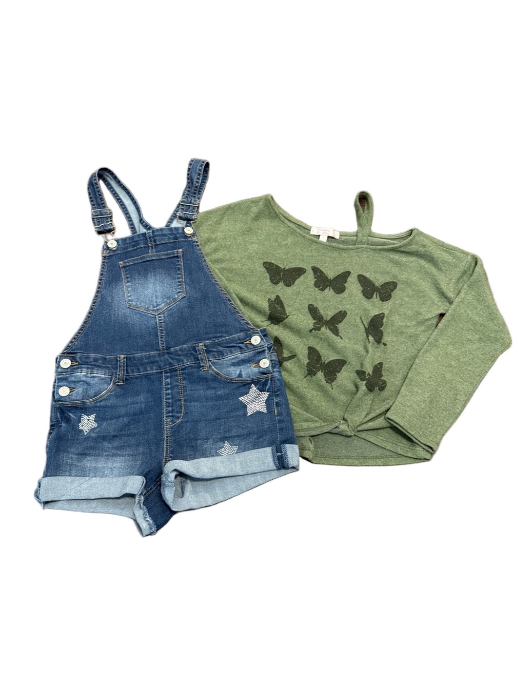 **Bundle** Moa Moa Green Butterfly Knit Top with So Blue Denim Short Overalls